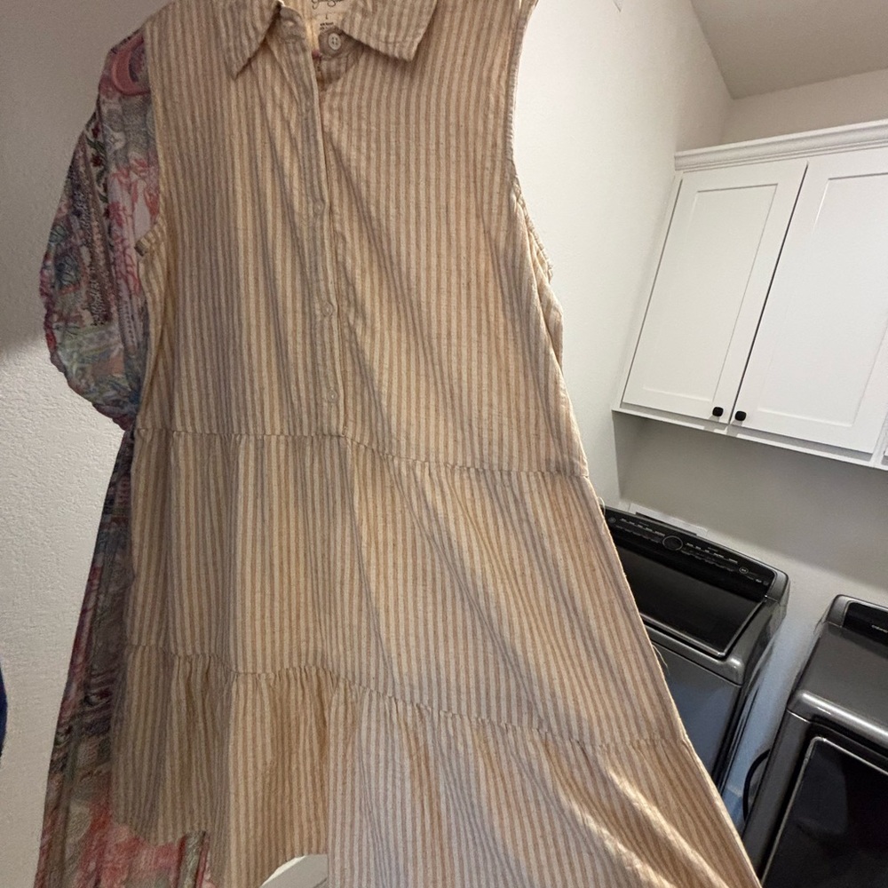 NWT Striped Sleeveless Peasant Cottage Brown White Dress Sz Large - Picture 2 of 2